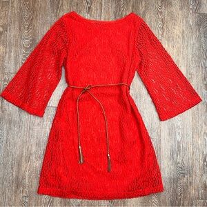 Sharagano Red Lace Bell Sleeve Mini Dress with Braided Tassel Belt - Size 8